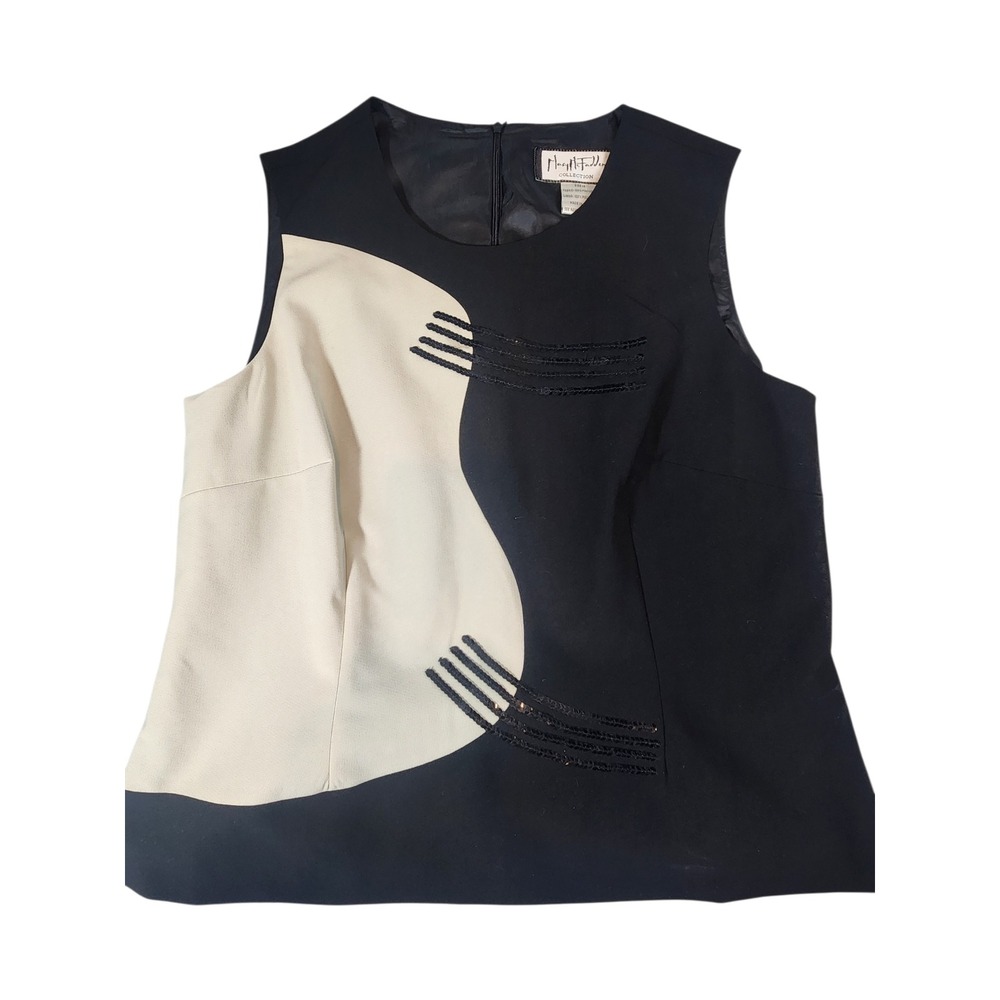 Mary McFadden Collection Shell Top Women 14 Black Cream Sequin Colorblock Wave
